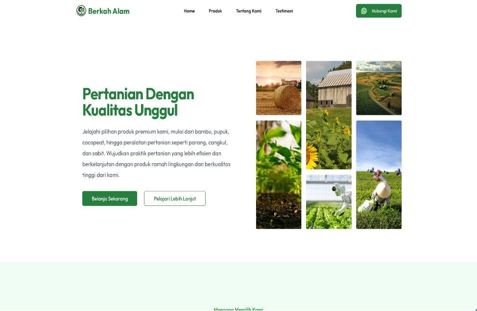 Website Supplier Produk Pertanian - Website responsif modern untuk Berkah Alam dengan desain bersih dan performa tinggi. Menampilkan pro